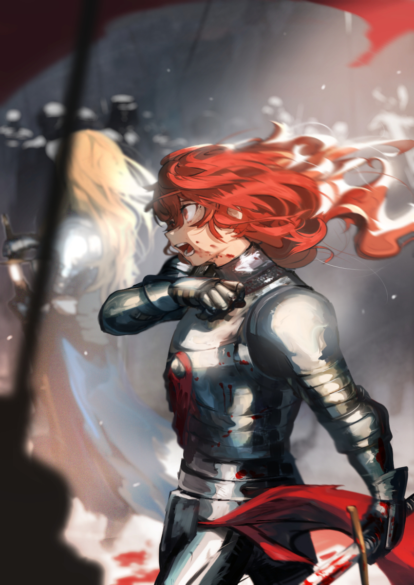 2girls, 6+boys, armor, army, blonde_hair, blood, blood_on_face, bloody_weapon