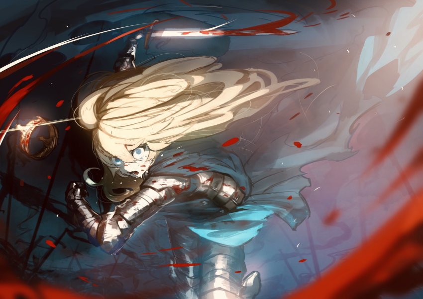 1girl, armor, blonde_hair, blood, blood_on_clothes, blood_splatter, bloody_weapon, blue_eyes
