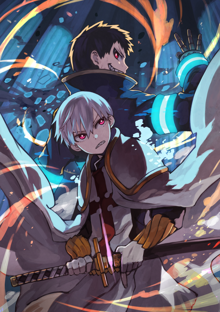 2boys, black_hair, black_jacket, en'en_no_shouboutai, gloves, holding, holding_sword, holding_weapon