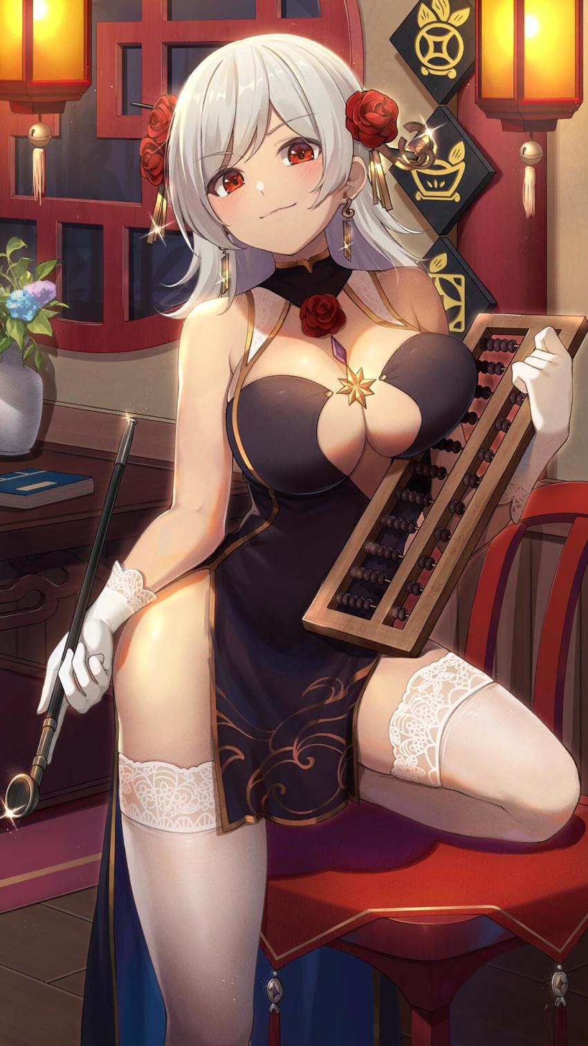 1girl, abacus, bare_arms, bare_shoulders, black_dress, breasts, center_opening, chair, china_dress, chinese_clothes, cleavage, dress, earrings, flower, girl_cafe_gun, gloves, gold_trim, hair_flower, hair_ornament, highres, holding, indoors, jewelry, kiseru, lantern, large_breasts, lida_romero, long_hair, looking_at_viewer, official_art, pelvic_curtain, red_eyes, rose, sleeveless, sleeveless_dress, smile, smoking_pipe, solo, super_zombie, thighhighs, thighs, white_gloves, white_hair, white_thighhighs