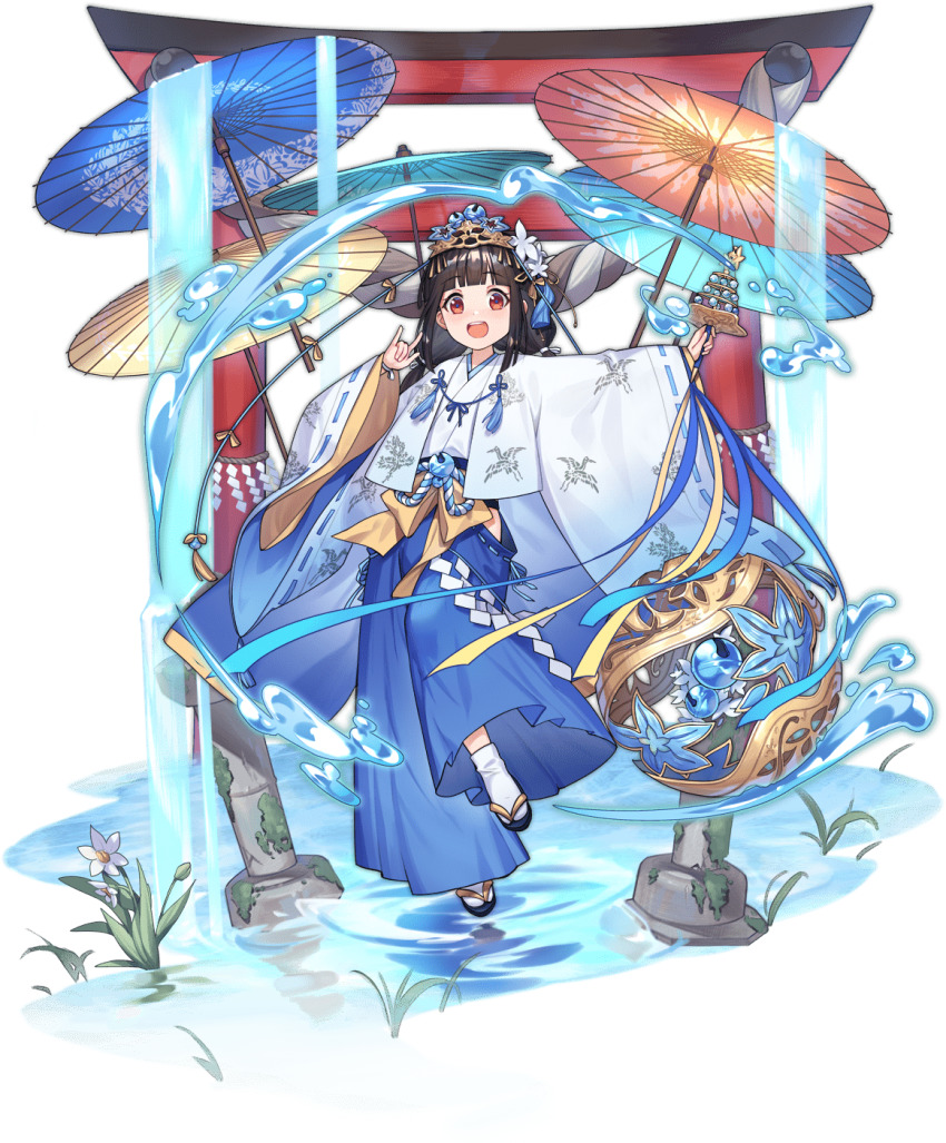 1girl, :d, animal_print, ark_order, artist_request, bell, bird_print, black_hair