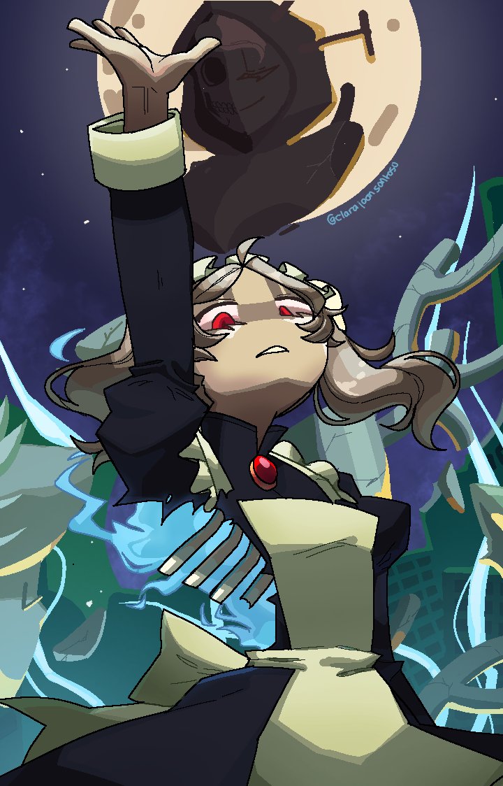 1girl, apron, arm_up, bloody_marie_(skullgirls), brooch, fire, grey_hair, hair_ornament