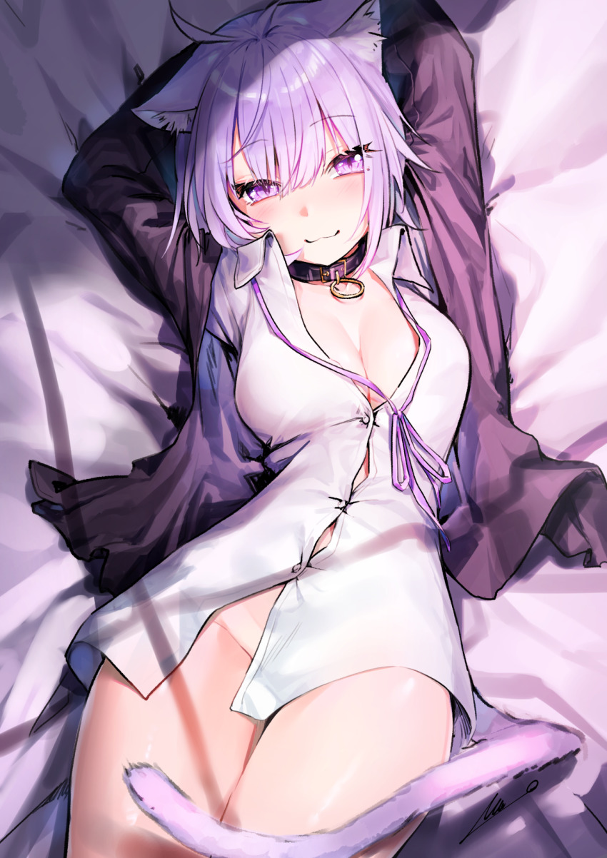 1girl, ahoge, animal_ears, arms_up, bed_sheet, bow, bowtie, breasts