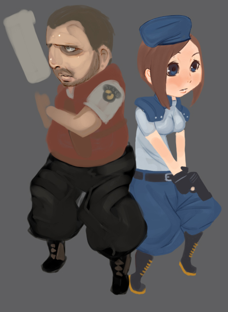 1boy, 1girl, back-to-back, barry_burton, blue_eyes, boots, brown_hair, capcom