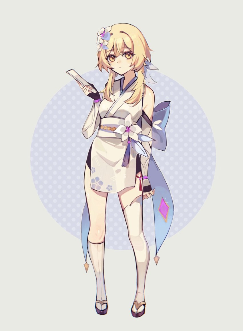 1girl, arm_guards, asymmetrical_legwear, blonde_hair, commentary_request, detached_sleeves, eyes_visible_through_hair, flower, folding_fan, full_body, genshin_impact, hair_between_eyes, hair_flower, hair_ornament, hand_fan, highres, holding, holding_fan, japanese_clothes, looking_at_viewer, lumine_(genshin_impact), obi, polka_dot, polka_dot_background, reido_0723, sash, short_hair, short_hair_with_long_locks, sidelocks, solo, standing, two-tone_background, white_legwear, yellow_eyes