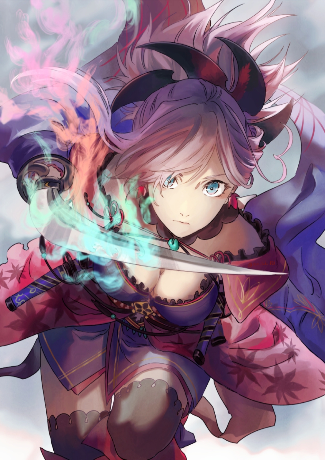 1girl, asa_tuki_893, black_thighhighs, blue_eyes, blue_kimono, breasts, cleavage, clothing_cutout, detached_sleeves, earrings, fate/grand_order, fate_(series), hair_ornament, highres, japanese_clothes, jewelry, katana, kimono, large_breasts, leaf_print, looking_at_viewer, magatama, maple_leaf_print, miyamoto_musashi_(fate), miyamoto_musashi_(third_ascension)_(fate), navel_cutout, obi, pink_hair, ponytail, sash, sleeveless, sleeveless_kimono, solo, sword, thighhighs, weapon, wide_sleeves