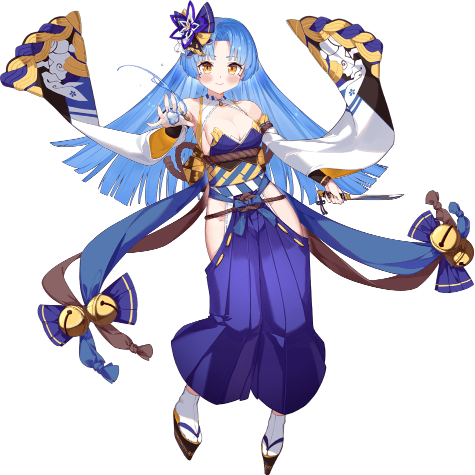 1girl, ark_order, artist_request, bell, blue_hair, blue_hakama, blue_pants, breasts, cleavage, dagger, detached_sleeves, hair_ornament, hakama, hakama_pants, holding, holding_dagger, holding_knife, holding_weapon, japanese_clothes, jingle_bell, kinomata_no_kami_(ark_order), knife, large_breasts, long_sleeves, looking_at_viewer, official_art, okobo, pants, platform_clogs, platform_sandals, rope, sandals, sash, smile, solo, tabi, tachi-e, transparent_background, water, weapon, white_legwear, wide_sleeves, yellow_eyes