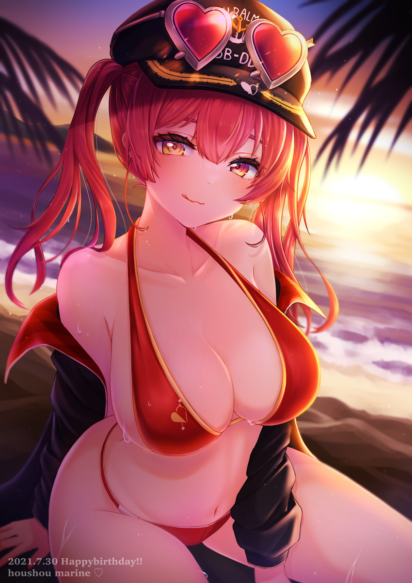 1girl, absurdres, bikini, black_jacket, breasts, character_name, collarbone, dated