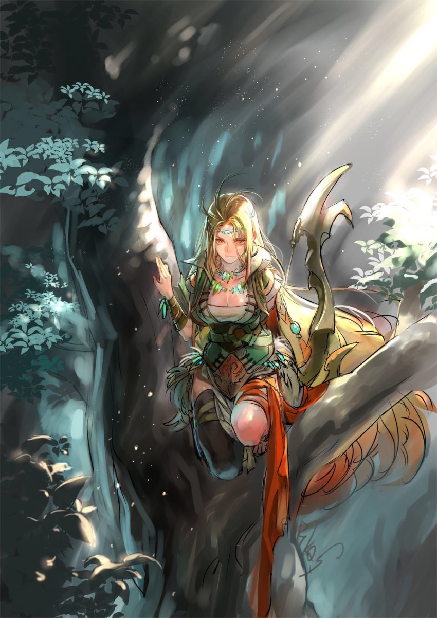 1girl, arrow_(projectile), blonde_hair, bow_(weapon), breasts, circlet, cleavage, closed_mouth