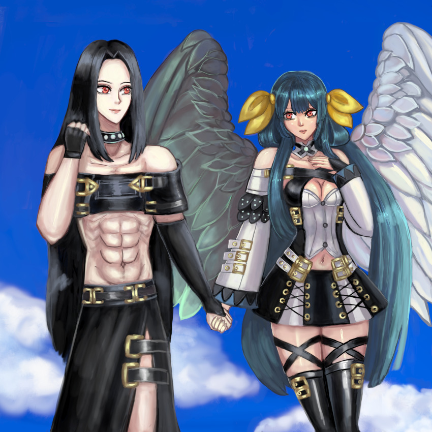 1boy, 1girl, abs, absurdres, asymmetrical_wings, black_hair, black_thighhighs, blue_hair