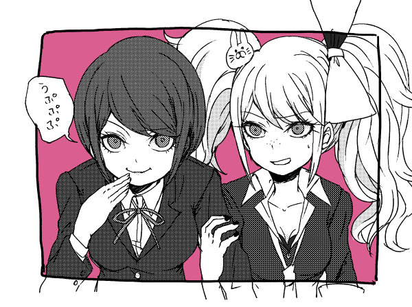 2girls, arm_up, black_coat, black_hair, black_jacket, black_shirt, blonde_hair, bow