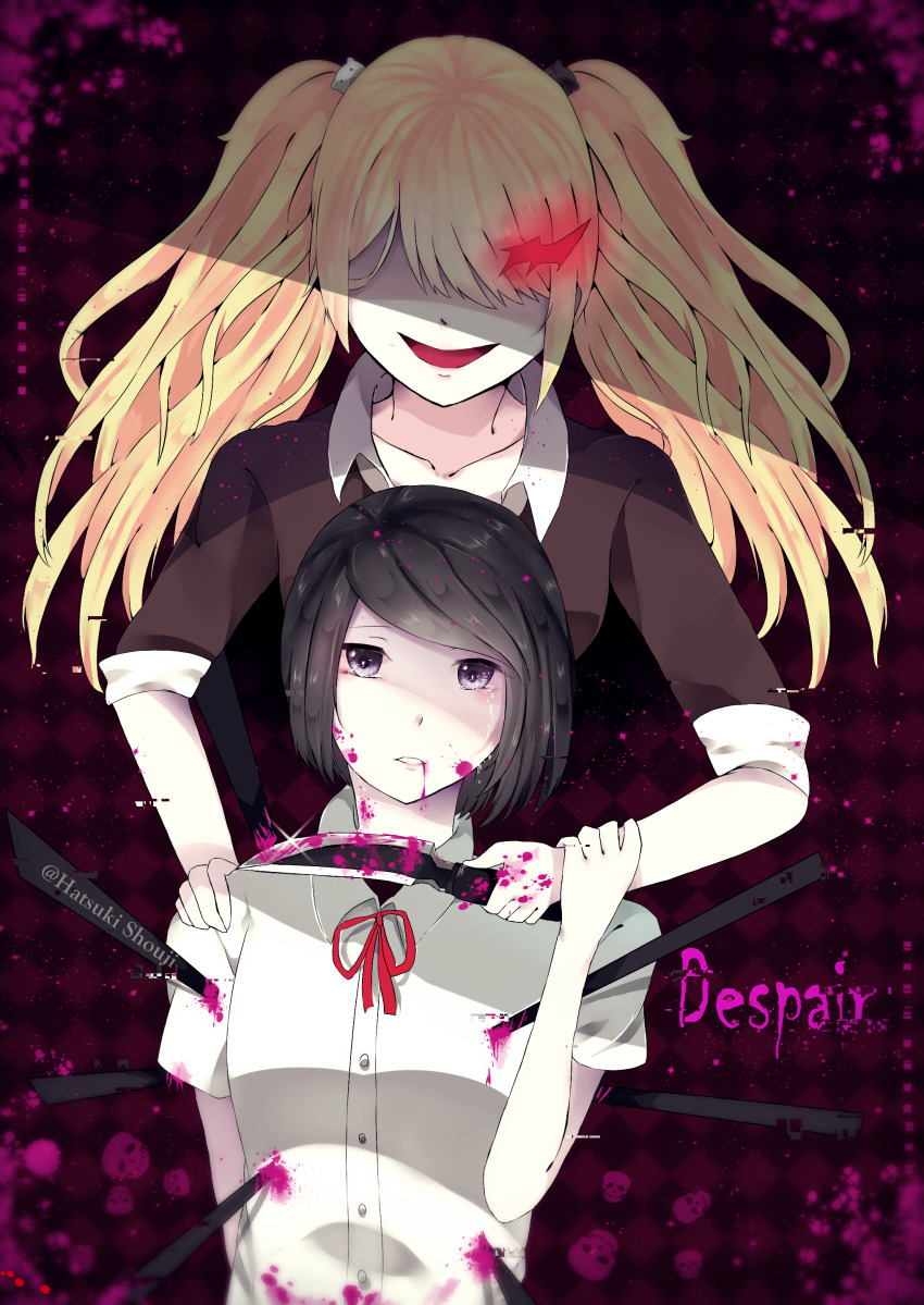 2girls, absurdres, arms_around_shoulders, blade_to_throat, bleeding, blonde_hair, blood, blood_from_mouth, blood_in_hair, blood_on_breasts, blood_on_clothes, blood_on_face, blood_on_hand, blood_on_hands, blood_on_neck, blood_splatter, bloody_knife, bloody_weapon, collarbone, collared_shirt, crying, danganronpa:_trigger_happy_havoc, danganronpa_(series), english_text, enoshima_junko, green_eyes, hand_on_shoulder, hatsuki_shouji, hidden_eyes, highres, holding_another's_arm, ikusaba_mukuro, impaled, knife, long_hair, looking_at_viewer, medium_hair, multiple_girls, neck_ribbon, open_mouth, patterned_background, pink_blood, pink_lips, pink_skull, polearm, red_ribbon, ribbon, shirt, siblings, simple_background, sisters, skull, skull_print, spear, tears, teeth, twins, twintails, watermark, weapon