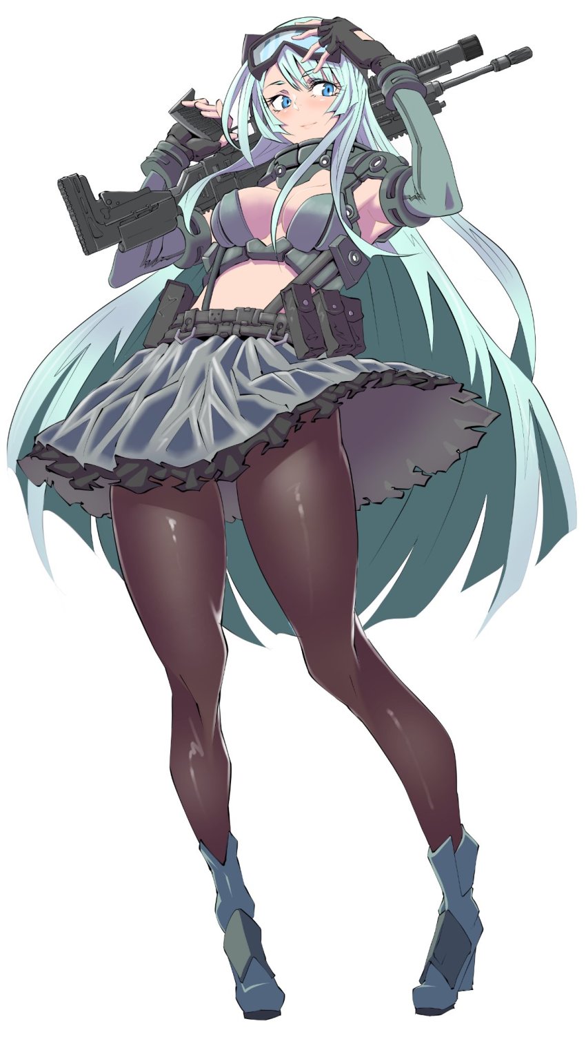 1girl, adjusting_goggles, ammunition_pouch, armpits, assault_rifle, blue_boots, blue_eyes, blue_hair, boots, breasts, buckle, cleavage, cz-805, cz-805_(girls'_frontline), cz_805_bren, detached_sleeves, fingerless_gloves, full_body, girls'_frontline, gloves, goggles, goggles_on_head, gun, highres, holding, holding_gun, holding_weapon, kimuwaipu, large_breasts, long_hair, midriff, pantyhose, pouch, rifle, skirt, smile, snap-fit_buckle, solo, tactical_clothes, very_long_hair, weapon, white_background