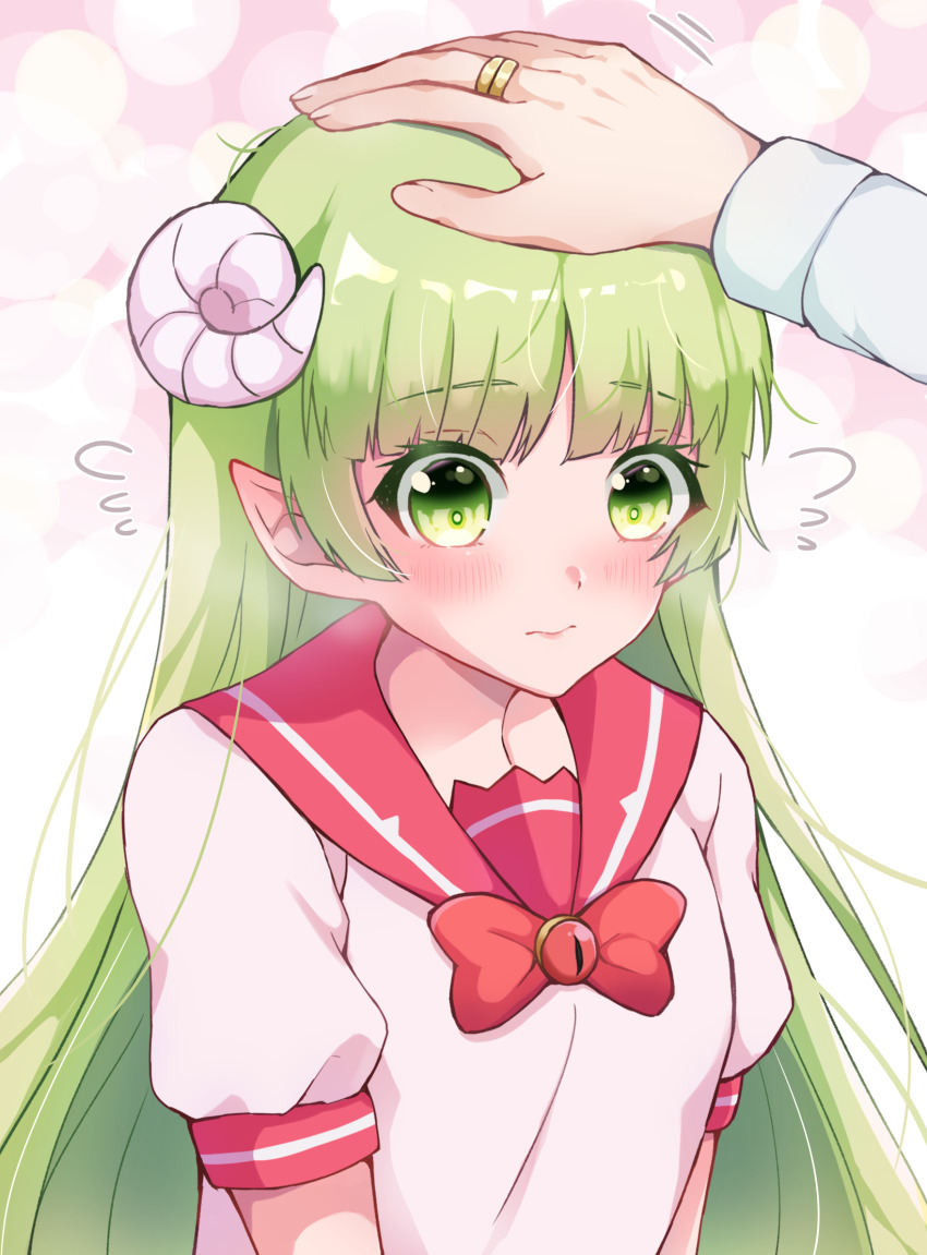 1boy, 1girl, blush, embarrassed, green_eyes, green_hair, headpat, highres, horns, jewelry, looking_down, mairimashita!_iruma-kun, ring, sailor_collar, shirt, suzuki_iruma, upper_body, utaso_(satsuo), valac_clara, white_shirt