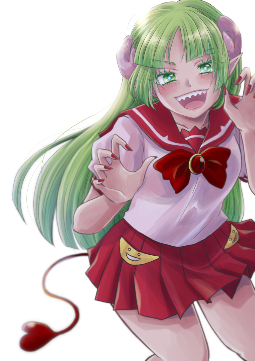 1girl, blush, furrowed_brow, green_eyes, green_hair, hachicoro93, heart, heart_tail, highres, horns, mairimashita!_iruma-kun, nail_polish, open_mouth, pointy_ears, red_nails, red_skirt, sailor_collar, sharp_teeth, shirt, skirt, smile, tail, teeth, valac_clara, white_background, white_shirt