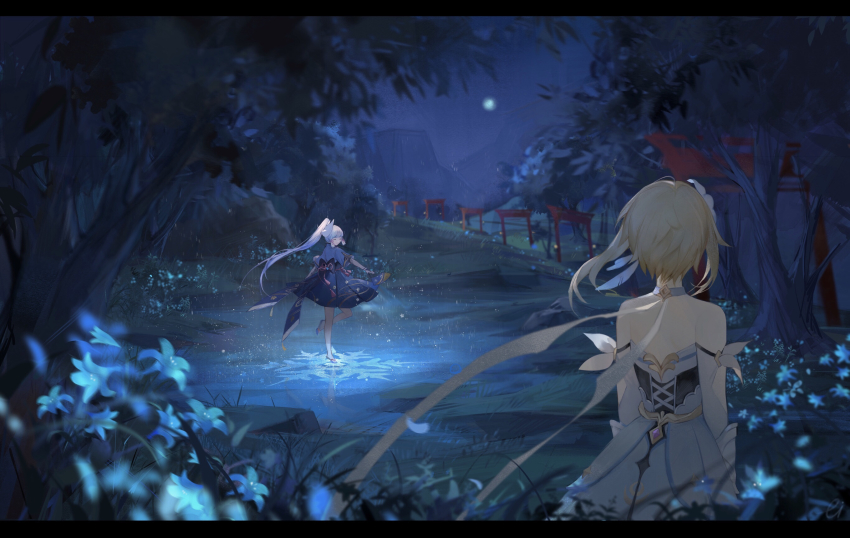 2girls, ayaka_(genshin_impact), backless_dress, backless_outfit, bare_shoulders, blonde_hair, blue_dress, blue_flower, blue_hair, blue_theme, blunt_bangs, blurry, blurry_foreground, chinese_commentary, closed_eyes, commentary_request, detached_sleeves, dress, facing_away, flower, full_body, full_moon, genshin_impact, hair_flower, hair_ornament, hand_fan, highres, holding, holding_fan, japanese_clothes, lake, letterboxed, light_blue_hair, lizi_(st3648), long_hair, lumine_(genshin_impact), moon, mountainous_horizon, multiple_girls, night, outdoors, ponytail, sandals, short_hair, short_hair_with_long_locks, sidelocks, sky, standing, standing_on_liquid, torii, tree, upper_body, very_long_hair, white_dress, white_flower, white_sleeves, zouri