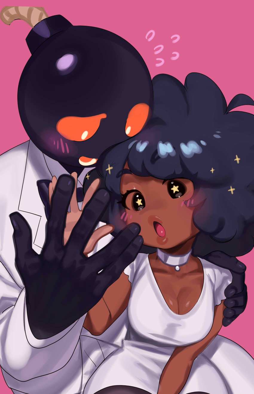 1boy, 1girl, absurdres, black_eyes, black_hair, blush, breasts, carol_(bbpanzu), choker, cleavage, dark-skinned_female, dark_skin, dress, friday_night_funkin', highres, jacket, medium_breasts, nia_(nia4294), pink_background, simple_background, star-shaped_pupils, star_(symbol), symbol-shaped_pupils, upper_body, white_choker, white_dress, white_jacket, whitty_(friday_night_funkin'), whitty_bomb_guy