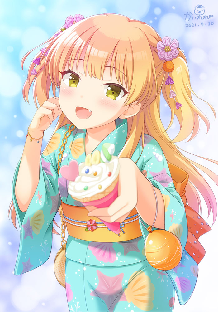 1girl, :d, bag, blonde_hair, blue_kimono, blush, brown_eyes, commentary_request