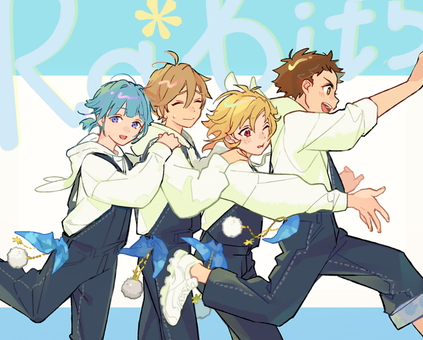 4boys, :d, animal_hood, antenna_hair, black_overalls, blonde_hair, blue_hair, blush