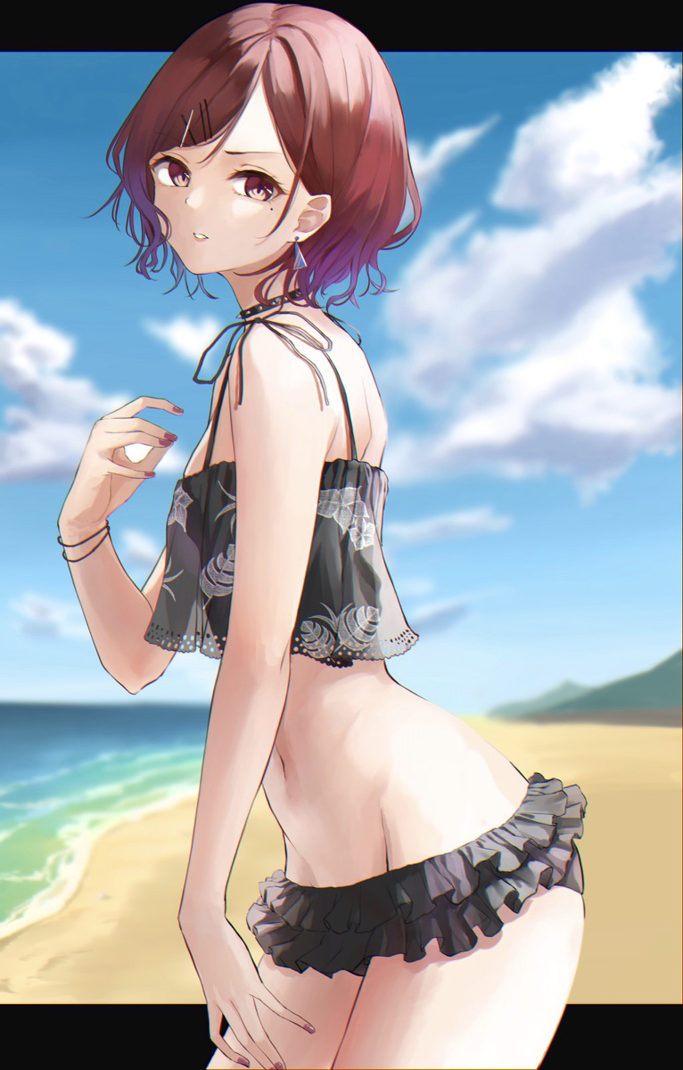1girl, bikini, black_bikini, highres, higuchi_madoka, idolmaster, idolmaster_shiny_colors, shinyoujurin