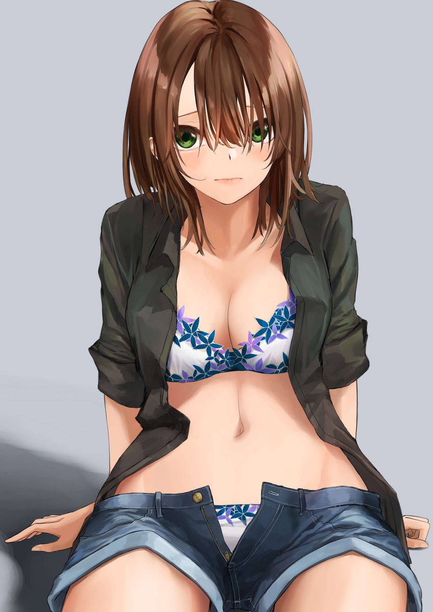 1girl, blush, bra, breasts, brown_hair, collarbone, female_focus, green_eyes