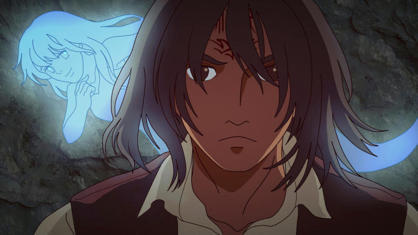 1boy, 1girl, black_hair, botanicaxu, brown_eyes, cave, dark_skin, flying