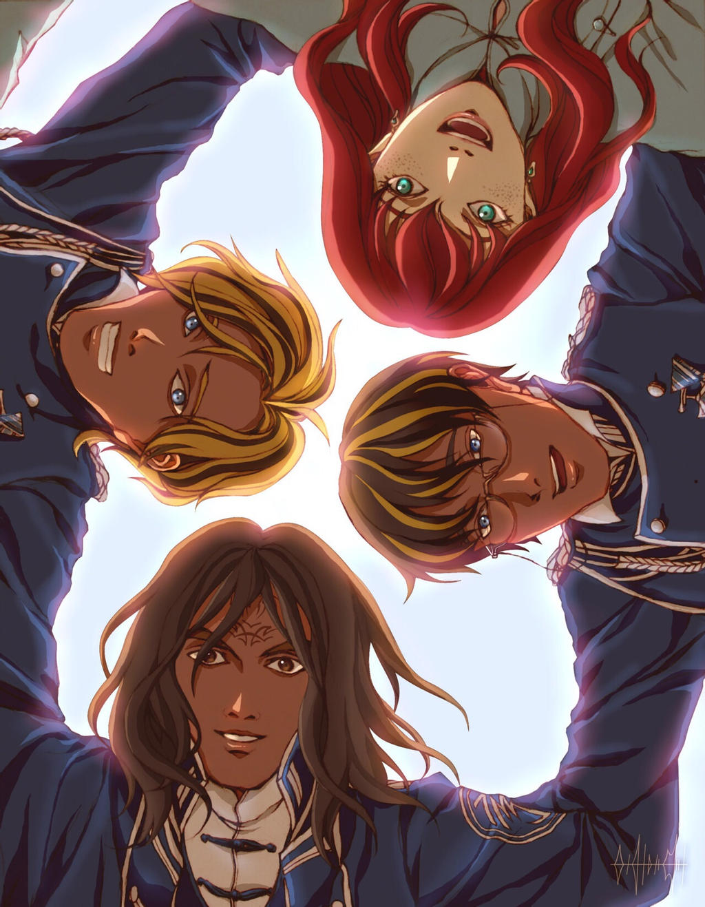 1girl, 3boys, adolin_kholin, aiguillette, blue_eyes, botanicaxu, brothers, brown_eyes