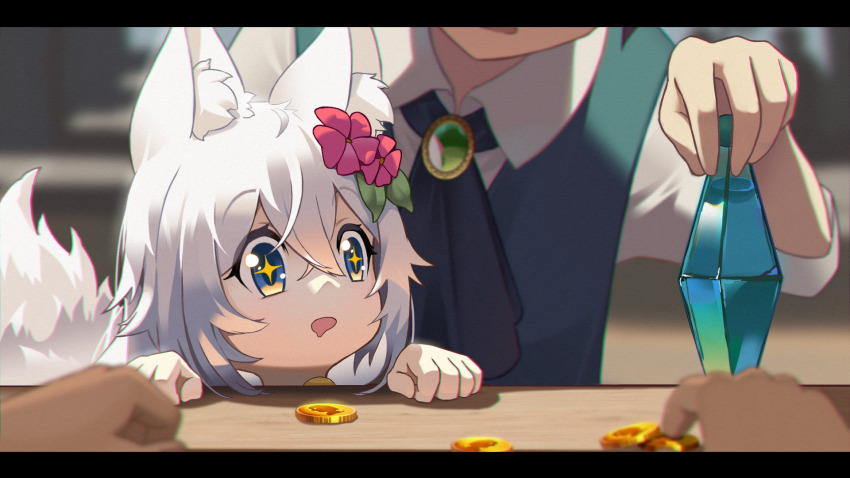 +_+, 1boy, 1girl, 1other, animal_ears, blurry, bottle, brown_gloves