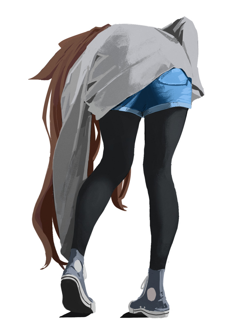 1girl, amiya_(arknights), arknights, bent_over, black_pantyhose, blue_footwear, brown_hair, commentary, converse, denim, denim_shorts, from_behind, full_body, grey_sweater, highres, leaning_forward, pantyhose_under_shorts, long_hair, long_sleeves, lumirumi, pantyhose, shorts, simple_background, solo, standing, sweater, white_background