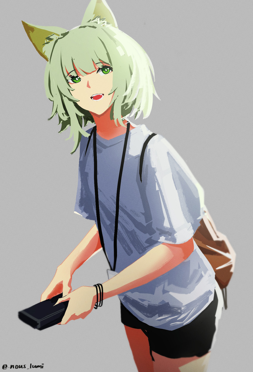 1girl, animal_ears, arknights, backpack, bag, black_shorts, blue_shirt, bracelet