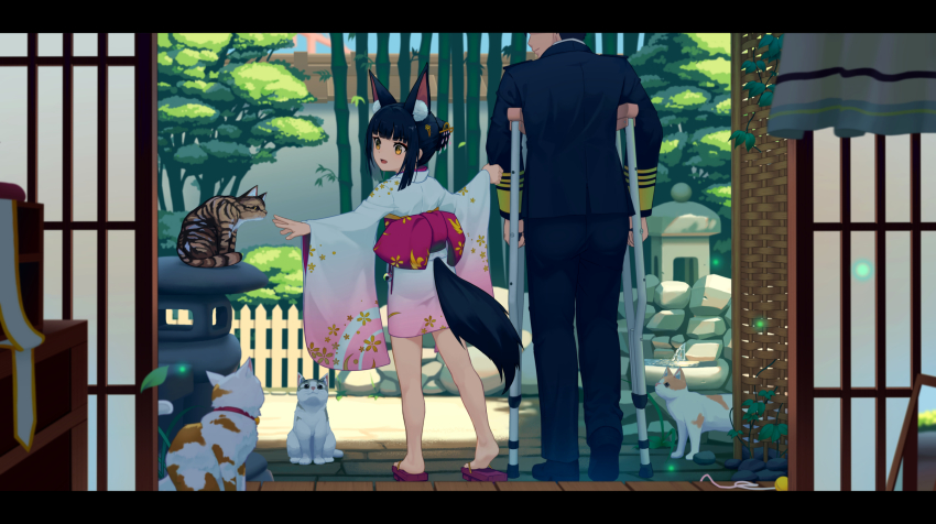 1boy, 1girl, :d, alternate_costume, alternate_hairstyle, animal_ears, azur_lane, bamboo