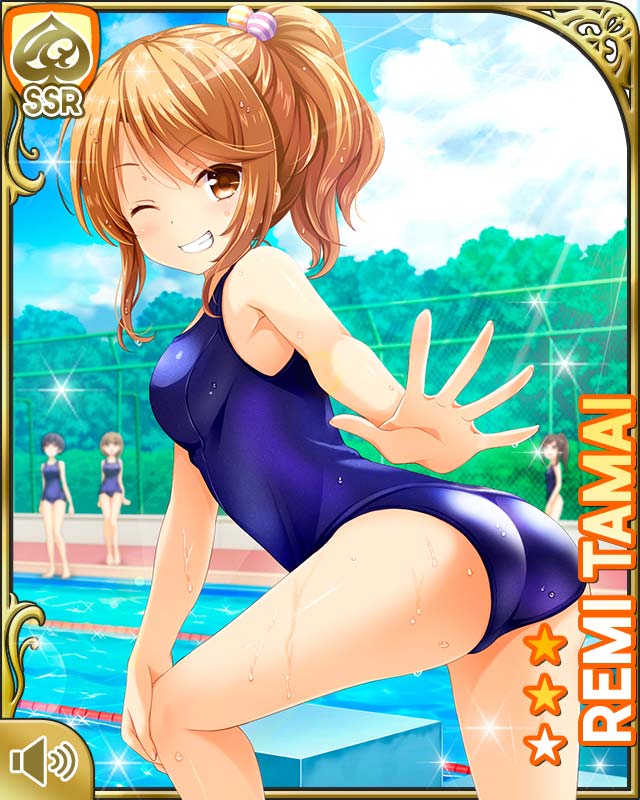 1girl, ass, bare_arms, barefoot, bow, brown_eyes, brown_hair, card_(medium)