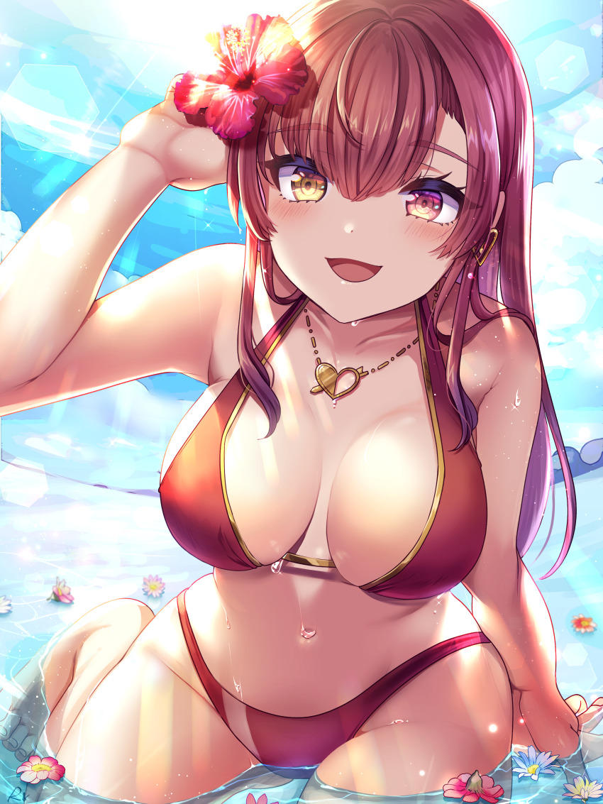 1girl, absurdres, bikini, blush, breasts, flower, hair_flower, hair_ornament, heterochromia, highres, hololive, houshou_marine, houshou_marine_(summer), jewelry, large_breasts, long_hair, looking_at_viewer, necklace, open_mouth, petals, red_hair, rokico, sitting, smile, solo, swimsuit, virtual_youtuber, wet