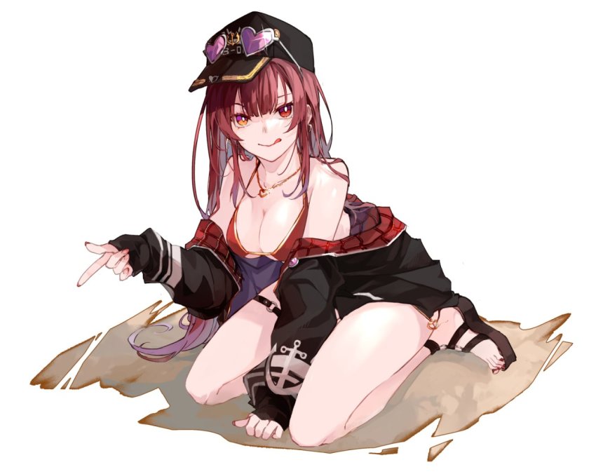 1girl, :q, bikini, black_hat, black_jacket, breasts, cleavage, erhuo