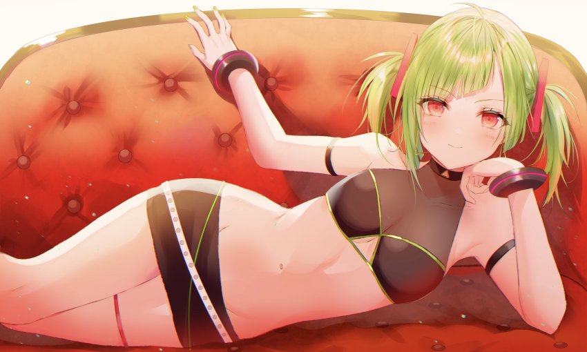 1girl, arm_strap, armpits, bare_shoulders, belt, black_shirt, black_skirt, bracelet, breasts, clothing_cutout, collarbone, commission, couch, crop_top, delutaya, green_hair, hair_ornament, head_rest, highres, indie_virtual_youtuber, io_enishi, jewelry, long_hair, looking_at_viewer, lying, microskirt, midriff, nail_polish, navel, on_couch, on_side, red_eyes, revealing_clothes, shirt, skirt, sleeveless, sleeveless_shirt, small_breasts, smile, solo, stomach, thigh_strap, thighs, twintails, underboob_cutout, virtual_youtuber