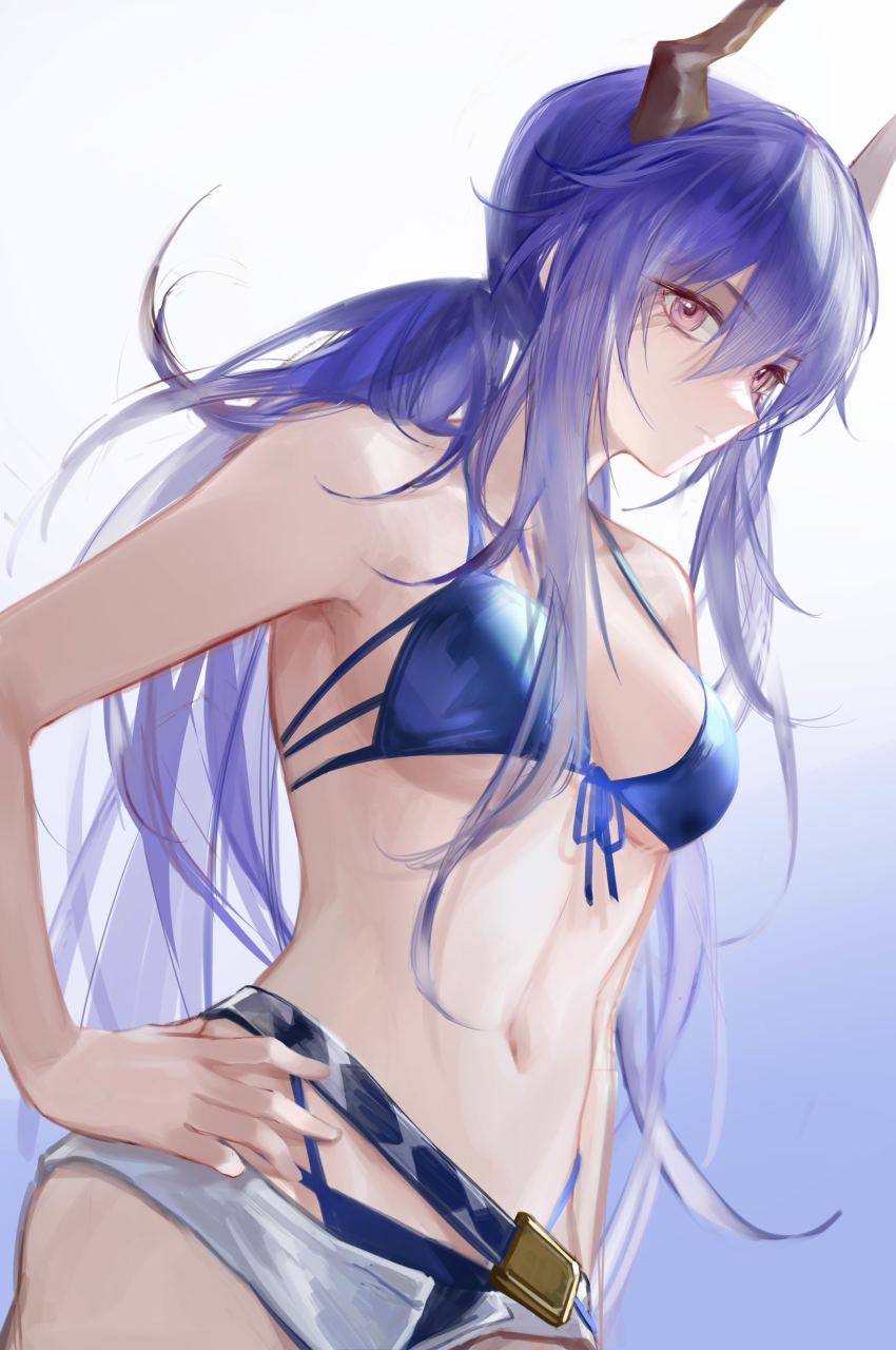 1girl, absurdres, arknights, bare_arms, bare_shoulders, belt, bikini, blue_bikini