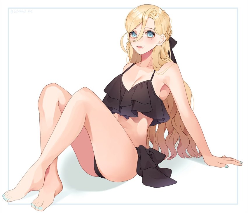 1girl, barefoot, bikini, black_bikini, blonde_hair, blue_eyes, blue_nails, breasts, cleavage, frilled_bikini, frills, hair_between_eyes, kantai_collection, kozu_(bloomme1_me), large_breasts, long_hair, mole, mole_under_eye, mole_under_mouth, nail_polish, richelieu_(kancolle), richelieu_(swimsuit)_(kancolle), solo, swimsuit, toenail_polish, toenails, white_background