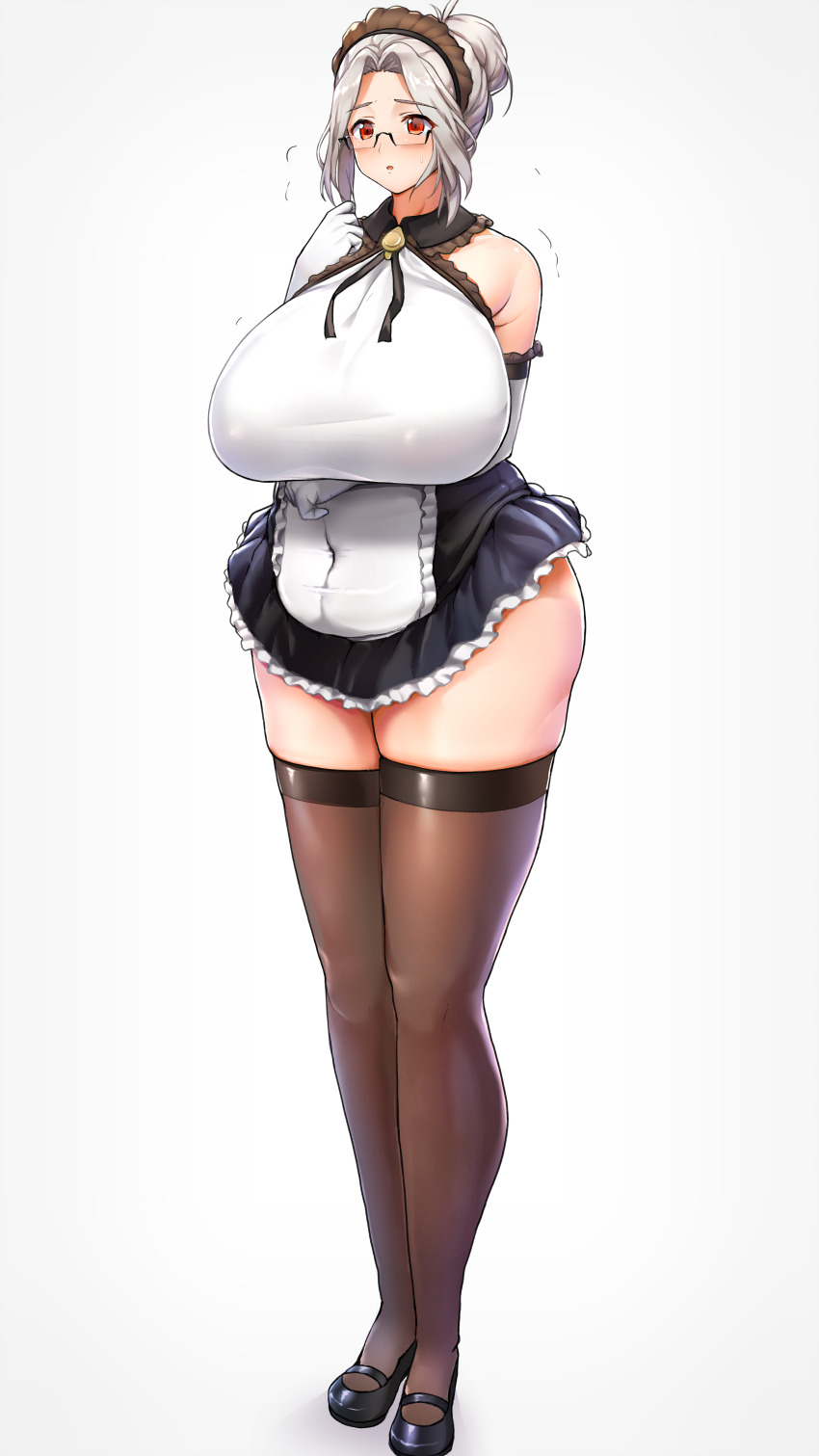 1girl, absurdres, breasts, curvy, glasses, highres, huge_breasts, labiata_(last_origin), last_origin, maid, maid_headdress, namamo_(kura), plump, prototype_labiata, solo, thighhighs, white_hair