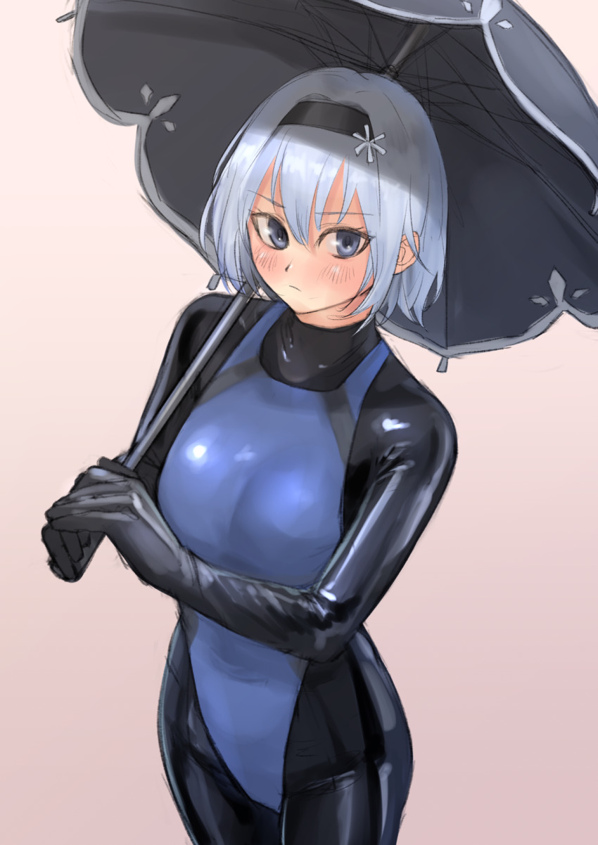 1girl, black_gloves, black_hairband, blue_eyes, blue_hair, blue_one-piece_swimsuit, blush, bob_cut