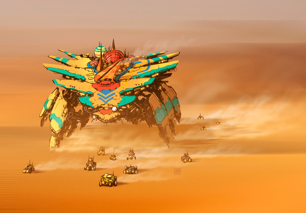 car, desert, from_above, juan_richard_feliz, mecha, motor_vehicle, no_humans, original