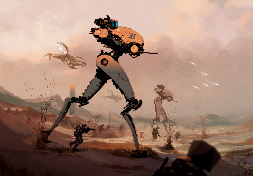 6+others, aircraft, desert, gun, helicopter, holding, holding_gun, holding_weapon, humanoid_robot, juan_richard_feliz, mecha, multiple_others, no_humans, non-humanoid_robot, original, robot, running, sand, science_fiction, walker_(robot), weapon