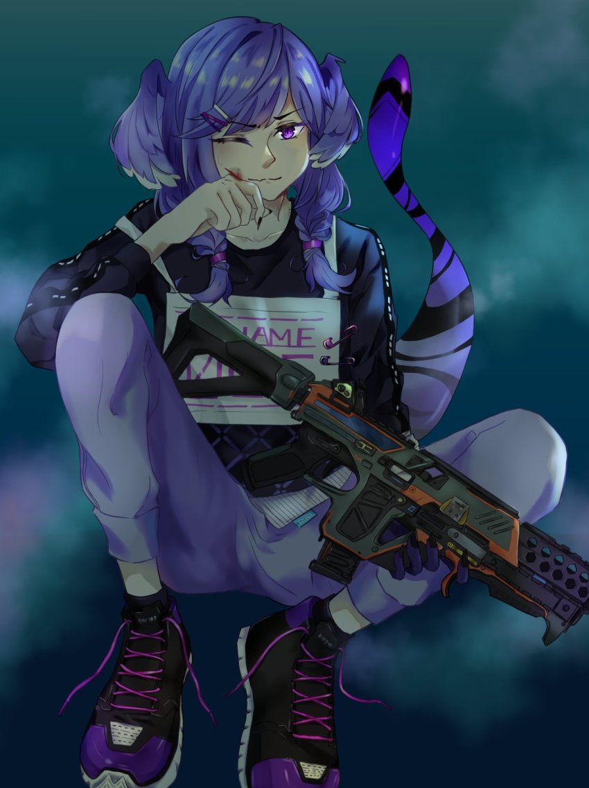 1girl, apex_legends, black_shoes, black_sweater, blood, blood_on_face, braid, energy_gun