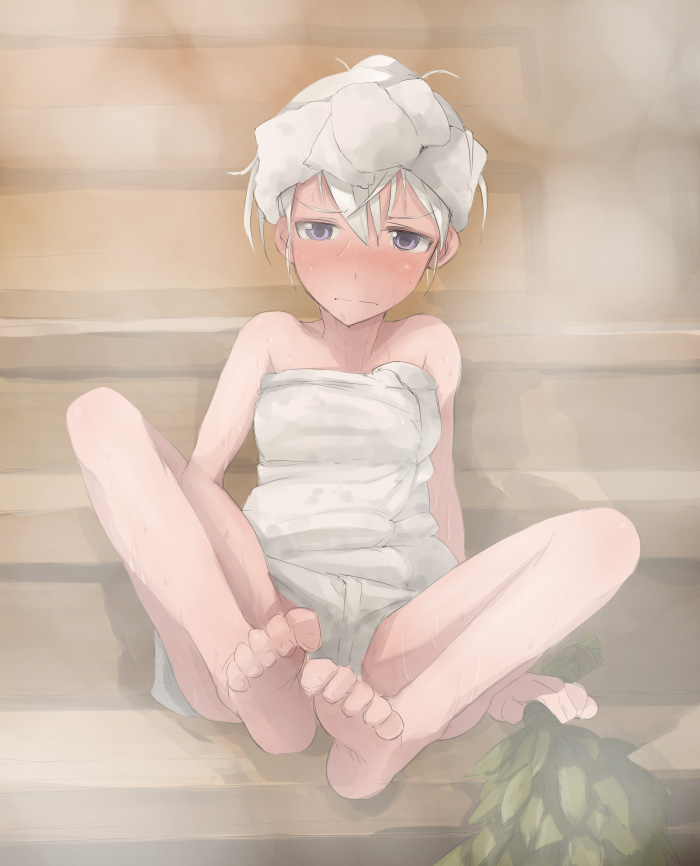 00s, 1girl, bad_id, bad_link, bad_pixiv_id, barefoot, blush, eila_ilmatar_juutilainen, feet, female_focus, naked_towel, purple_eyes, sadamatsu_ryuuichi, sauna, soles, solo, spread_legs, strike_witches, towel, vihta, white_hair, world_witches_series