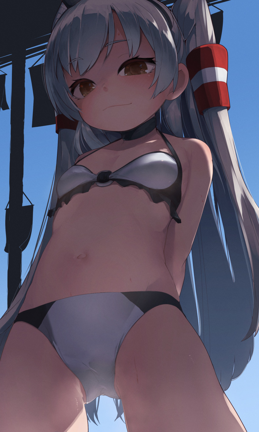1girl, absurdres, amatsukaze_(kancolle), amatsukaze_(swimsuit)_(kancolle), arms_behind_back, bikini, black_bikini, blush, breasts, brown_eyes, commentary_request, commission, from_below, gluteal_fold, hair_tubes, hat, highres, kantai_collection, long_hair, looking_at_viewer, looking_down, mini_hat, navel, pixiv_commission, silver_hair, skeb_commission, smile, smug, solo, swimsuit, tsuzuri_(tu-san_house), two_side_up