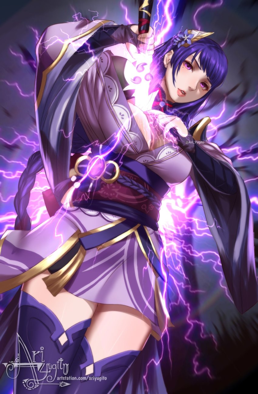 1girl, ari_yugito, armor, artist_name, braid, breasts, bridal_gauntlets, cleavage, commentary, dutch_angle, electricity, english_commentary, flower, genshin_impact, hair_ornament, highres, holding, holding_sword, holding_weapon, human_scabbard, japanese_clothes, katana, kimono, large_breasts, long_hair, long_sleeves, looking_at_viewer, mole, mole_under_eye, open_mouth, parted_lips, purple_eyes, purple_flower, purple_hair, raiden_shogun, ribbon, sash, shoulder_armor, signature, simple_background, solo, sword, thighhighs, weapon, wide_sleeves