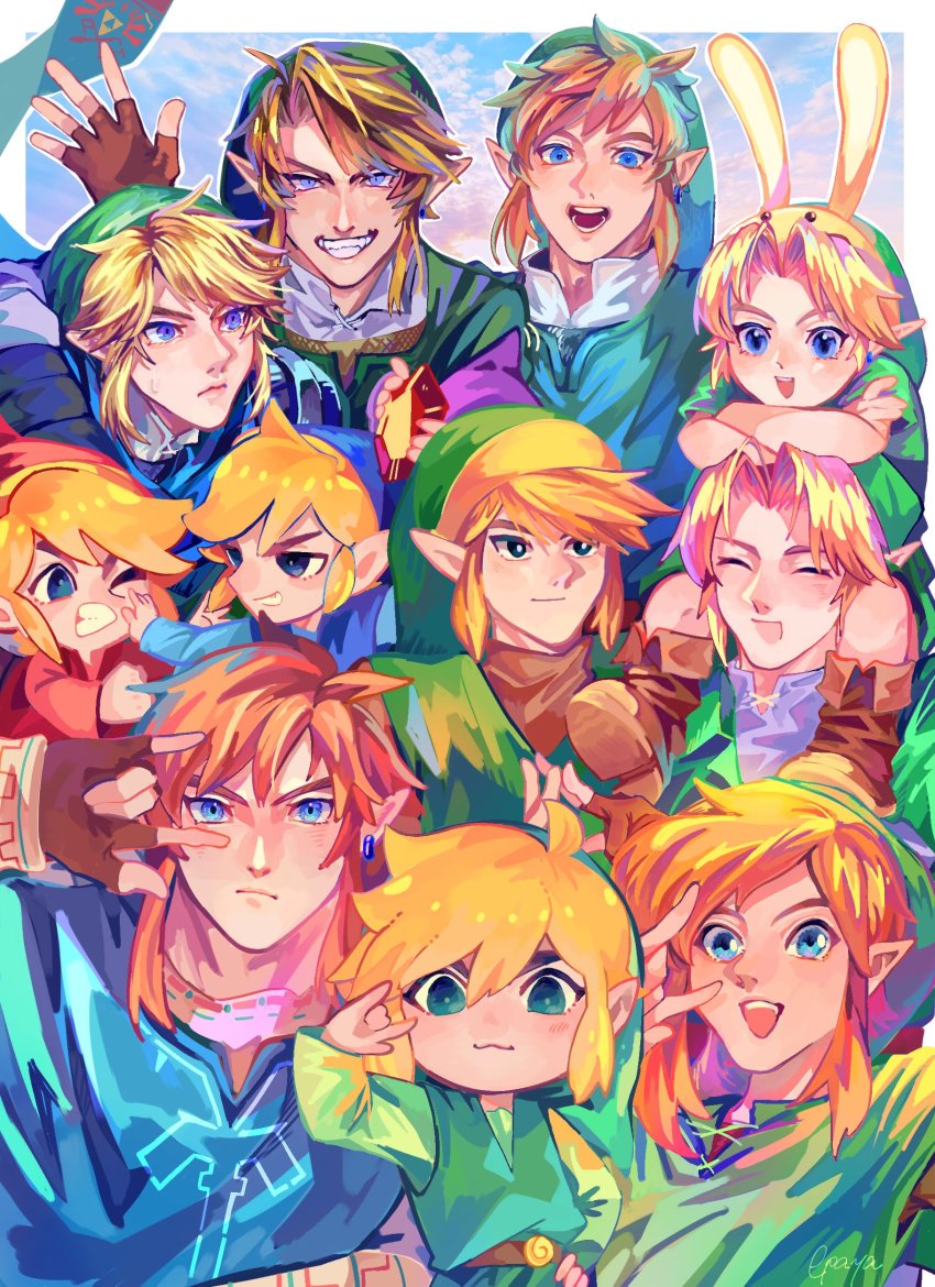 6+boys, :3, absurdres, animal_hood, arm_around_shoulder, blonde_hair, bunny_hood_(zelda), earrings, epaya_hakase, fingerless_gloves, gloves, green_headwear, green_tunic, hat, highres, hood, hyrule_warriors, jewelry, link, m/, multiple_boys, multiple_persona, nintendo, pointy_ears, rabbit_hood, rupee_(zelda), scarf, single_earring, sitting_on_shoulder, the_legend_of_zelda, the_legend_of_zelda:_a_link_to_the_past, the_legend_of_zelda:_breath_of_the_wild, the_legend_of_zelda:_four_swords, the_legend_of_zelda:_majora's_mask, the_legend_of_zelda:_ocarina_of_time, the_legend_of_zelda:_skyward_sword, the_legend_of_zelda:_the_wind_waker, the_legend_of_zelda:_twilight_princess, the_legend_of_zelda_(nes), toon_link, tunic, young_link