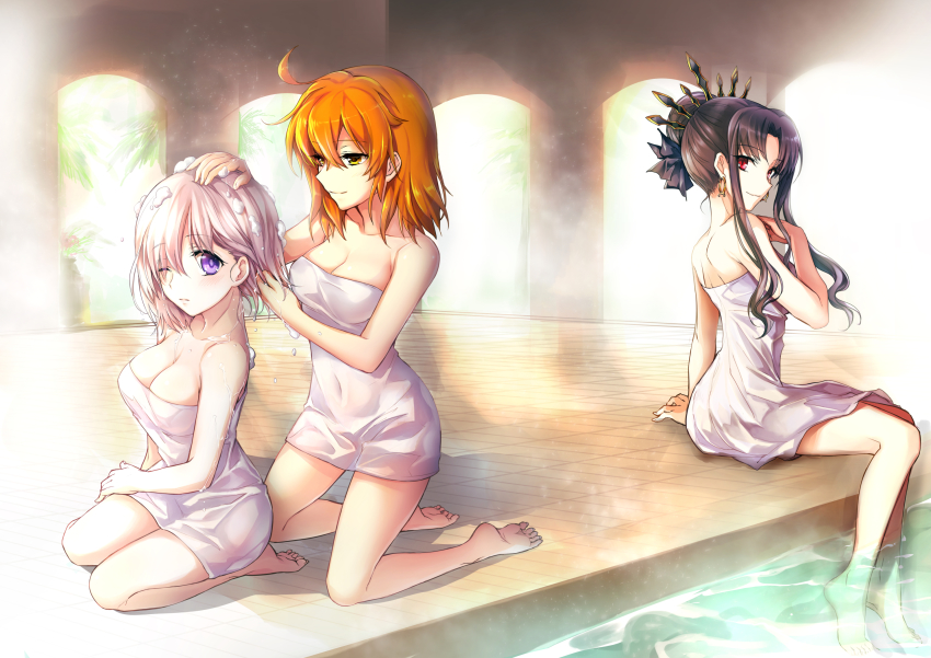 3girls, ahoge, bathhouse, bathing, black_hair, breasts, fate/grand_order, fate_(series)