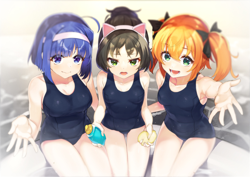 3girls, :d, animal_ears, black_hairband, black_one-piece_swimsuit, blue_one-piece_swimsuit, blurry, breasts