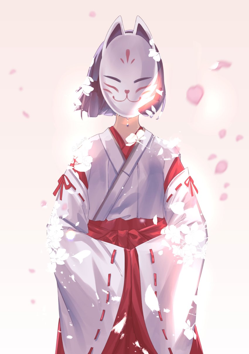 1girl, absurdres, black_hair, cherry_blossoms, commentary, crying, detached_sleeves, english_commentary, facing_viewer, falling_petals, flower, fox_mask, genshin_impact, hakama, hakama_skirt, hanachirusato_(genshin_impact), highres, japanese_clothes, long_sleeves, lushiette, mask, masked, miko, petals, red_hakama, ribbon, short_hair, simple_background, skirt, smile, solo, tears, white_background, white_flower, wide_sleeves