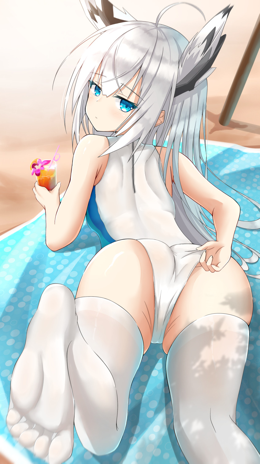 1girl, absurdres, adjusting_clothes, adjusting_swimsuit, animal_ears, ass, azur_lane, bare_shoulders, beach, beach_towel, blue_eyes, cien_(shikanokuni), commission, competition_swimsuit, crazy_straw, cup, drinking_glass, drinking_straw, foot_focus, foreshortening, from_behind, highres, kawakaze_(azur_lane), long_hair, looking_at_viewer, one-piece_swimsuit, pixiv_commission, skindentation, solo, swimsuit, thighhighs, towel, white_hair, white_one-piece_swimsuit, white_thighhighs